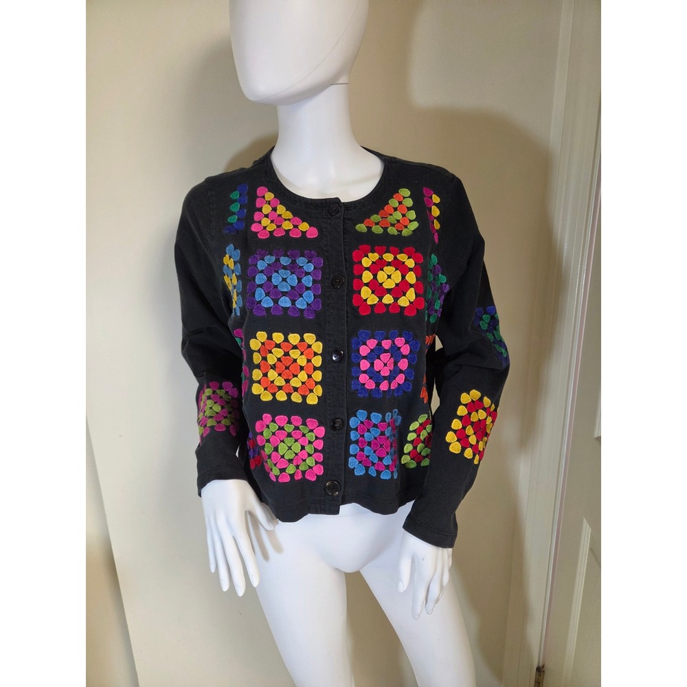 Michael Simon Lite Black Cotton Embroidered‎ Granny Square Cardigan Sweater m